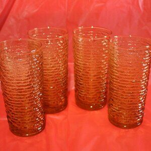 Vintage amber glass tumblers, Anchor Hocking Soreno pattern, 1970s